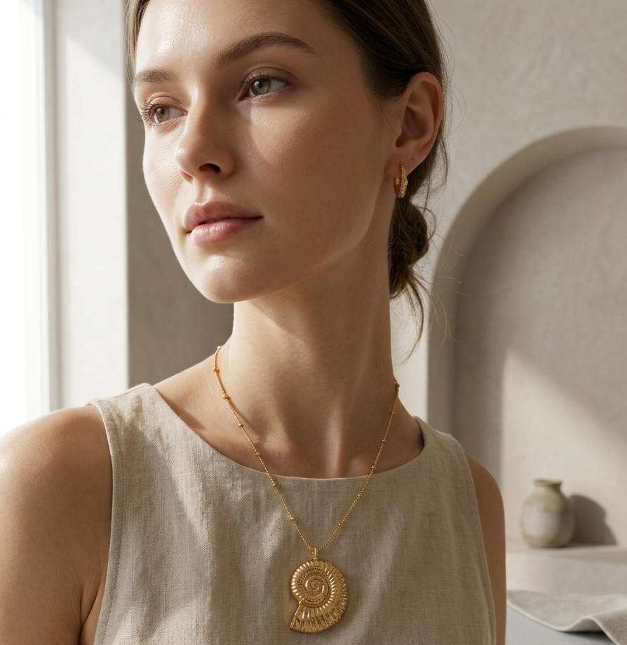 Woman wearing a gold necklace in a softly lit room