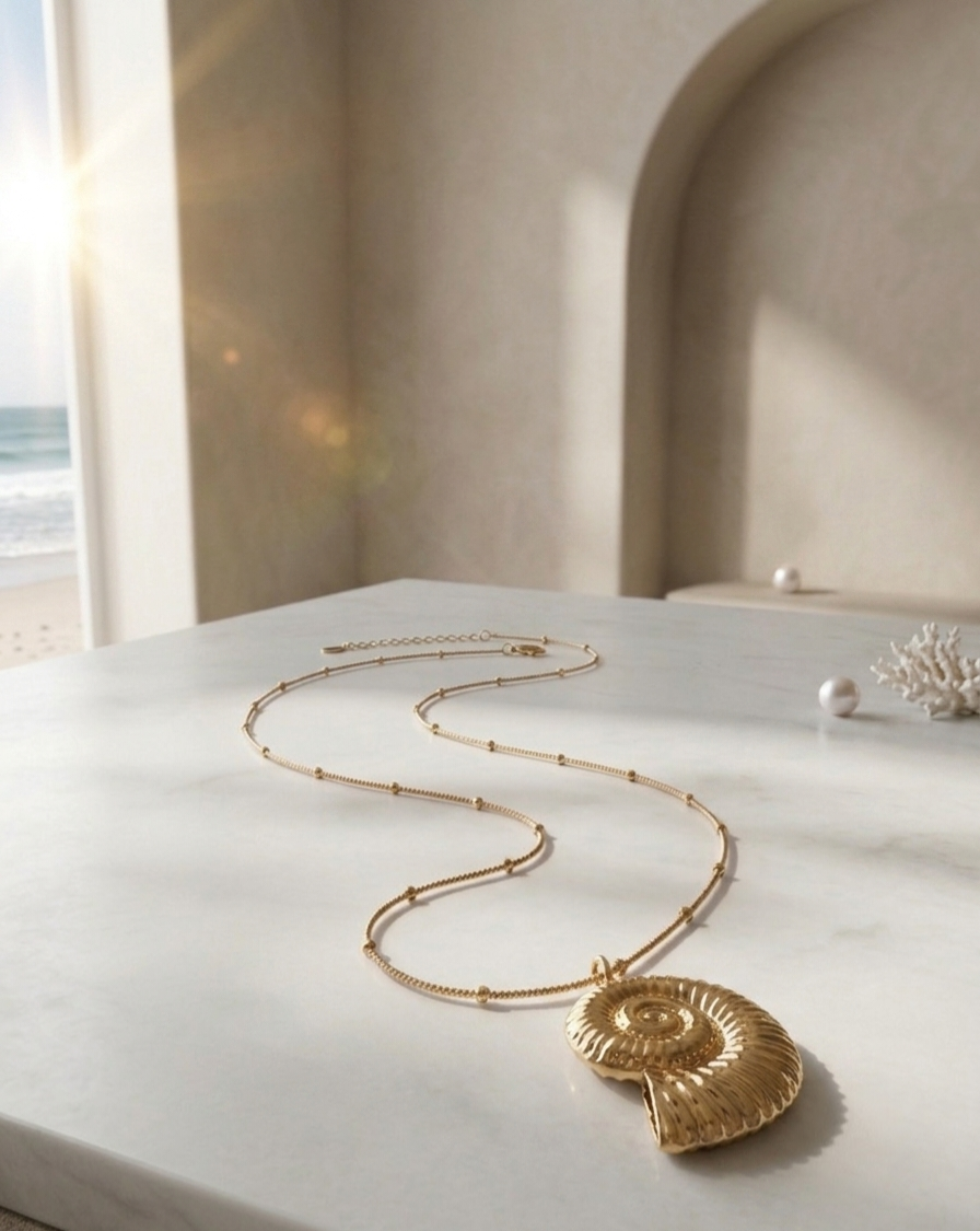 Gold necklace with a shell pendant on a white surface with a blurred background