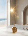 Gold necklace with a shell pendant on a white surface with a beach background